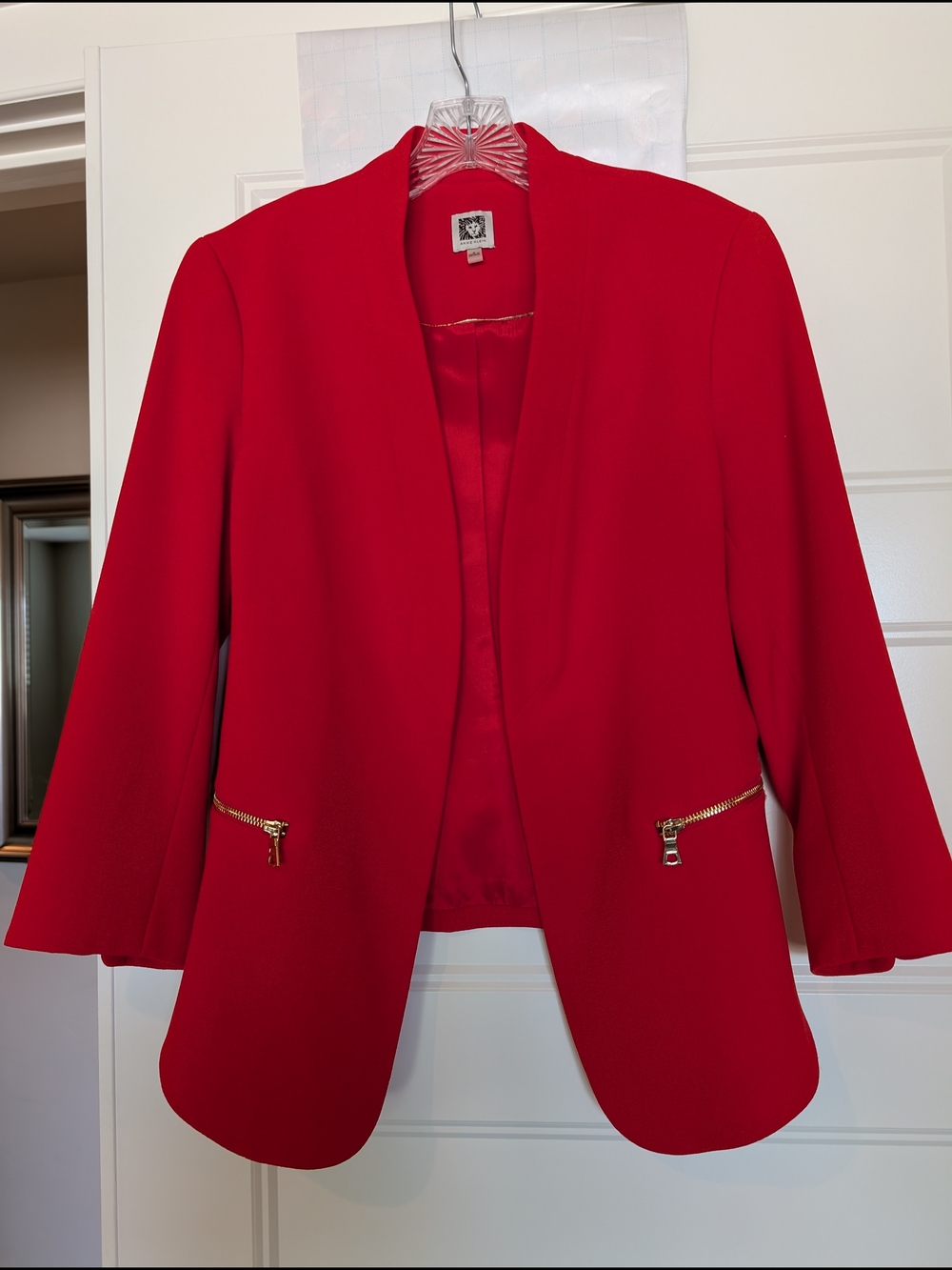 Anne Klein Red Open-Front Blazer with Gold Zipper Accents